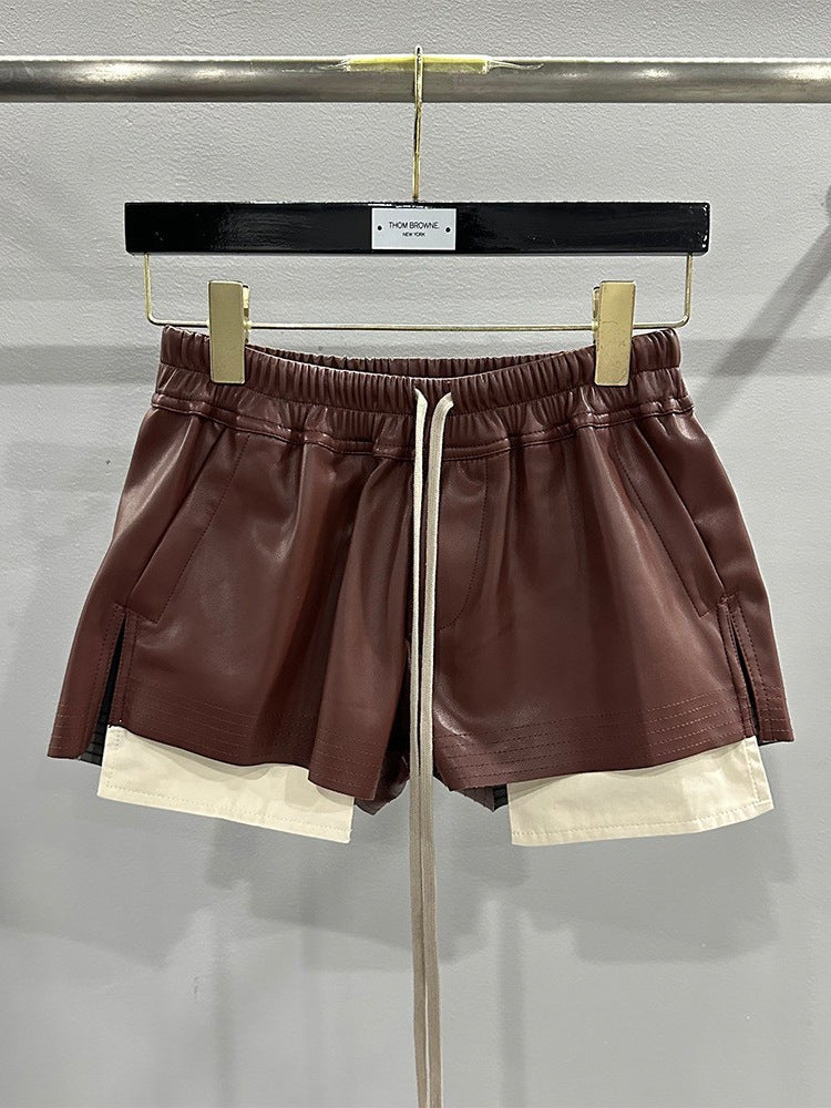 Dark Style Pu Shorts, Basic Pu Leather Four-Pocket Comfortable Versatile Black Short Pants, Trendy Brand