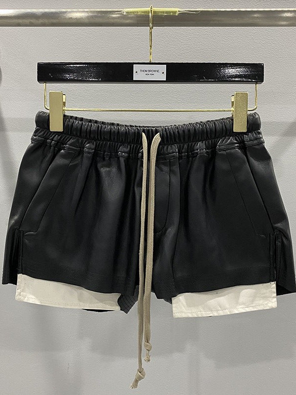 Dark Style Pu Shorts, Basic Pu Leather Four-Pocket Comfortable Versatile Black Short Pants, Trendy Brand
