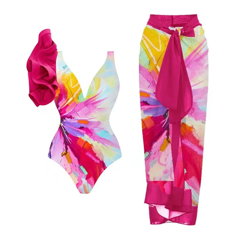 European and American one-piece swimsuit bikini suit bikini conservative belly-covered beach skirt chiffon wrap skirt hot spring swimsuit
