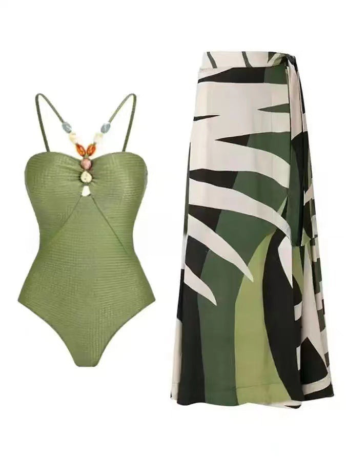 European and American one-piece swimsuit bikini suit bikini conservative belly-covered beach skirt chiffon wrap skirt hot spring swimsuit