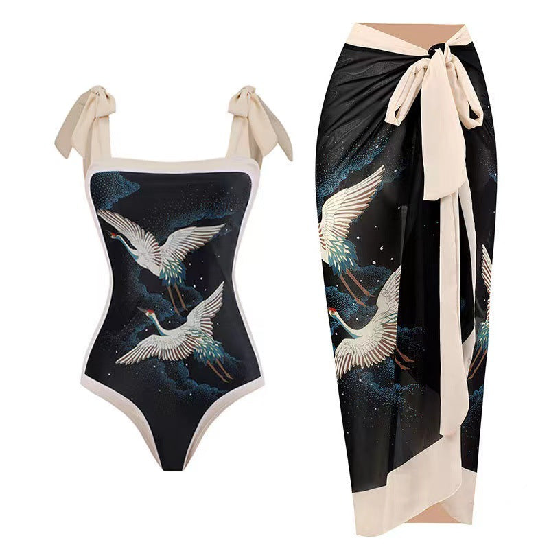 European and American one-piece swimsuit bikini suit bikini conservative belly-covered beach skirt chiffon wrap skirt hot spring swimsuit
