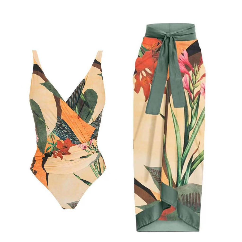 European and American one-piece swimsuit bikini suit bikini conservative belly-covered beach skirt chiffon wrap skirt hot spring swimsuit
